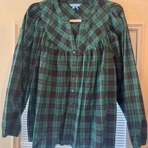 Green and Black Plaid Button-Up Blouse